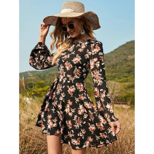 Flared Sleeve Mid-Waist O-Neck Floral Dress